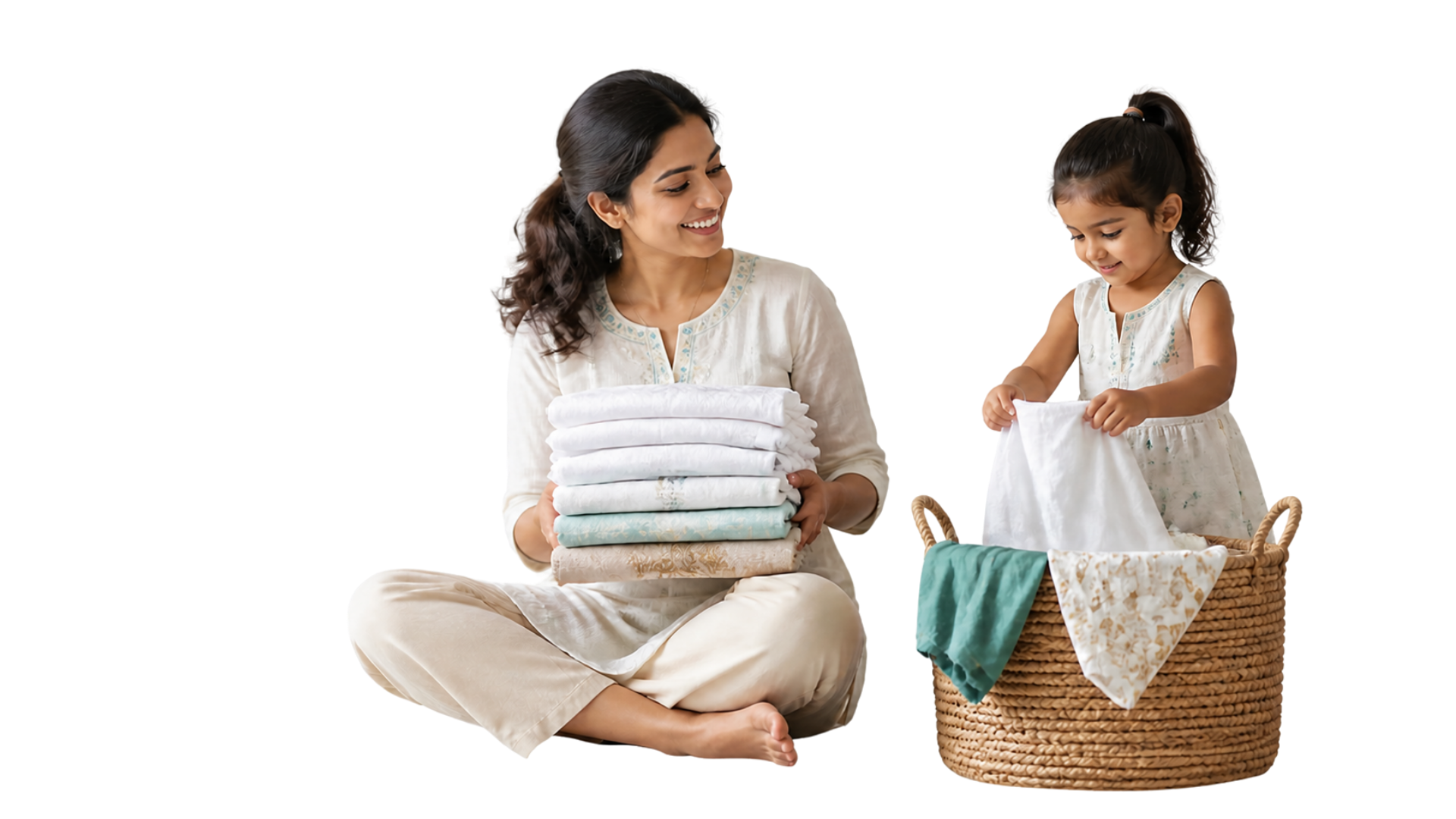 Mother and daughter with freshly cleaned laundry